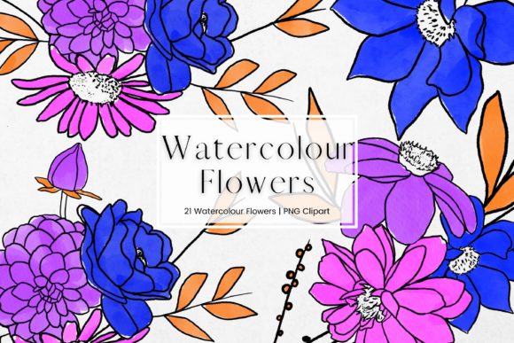 Blue, Purple Watercolour Flowers: Premium Illustrations