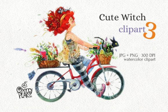 Cute Witch on Bicycle, Watercolor PNG for Illustrations