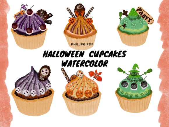 Halloween Cupcakes Watercolor Clipart & Illustrations