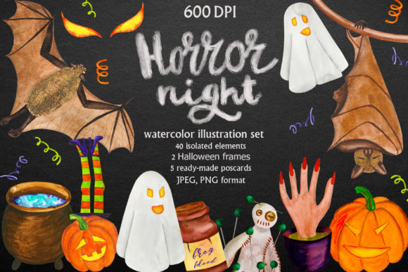 Horror Night Watercolor Illustrations for Crafts