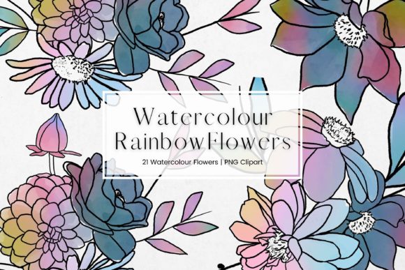 Rainbow Watercolour Flowers Clipart & Illustrations