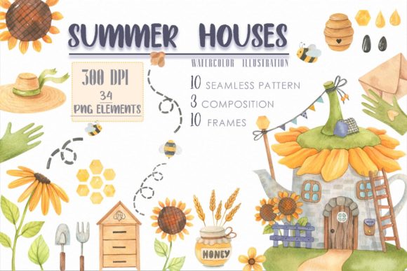 Summer Houses Watercolor Set: Vibrant Illustrations