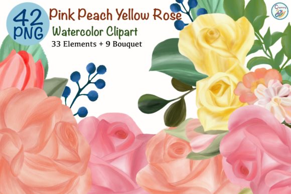 Watercolor Clipart PinkPeach Yellow Rose: Soft Illustrations